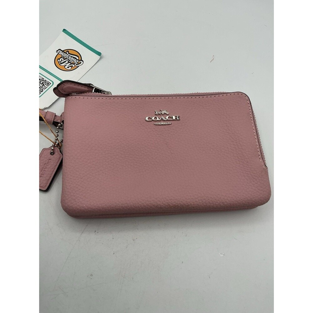 Coach Double Zip Wristlet Pink Pebble Leather Wallet Clutch Pouch